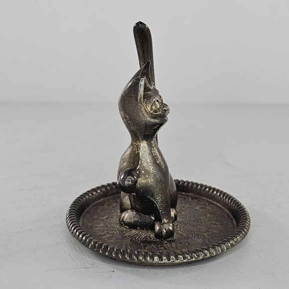 Vintage Silver Plated Cat Kitten Ring Holder Jewelry Dish Hong Kong - Picture 3 of 8